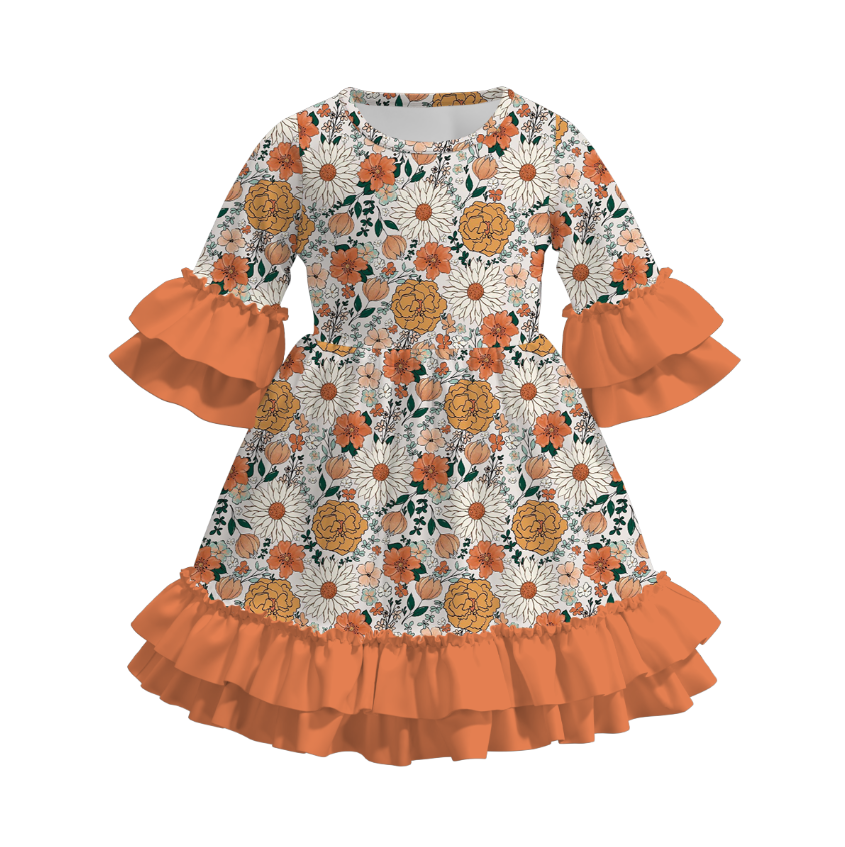 Girls Fall Autumn Orange Floral Print Ruffled 3/4 Sleeves Dress