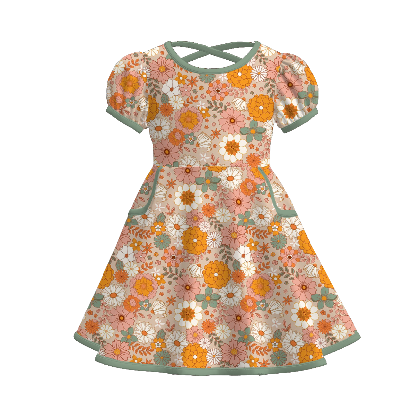 Girls Fall Autumn Orange Green Print Pocket Short Sleeves Dress