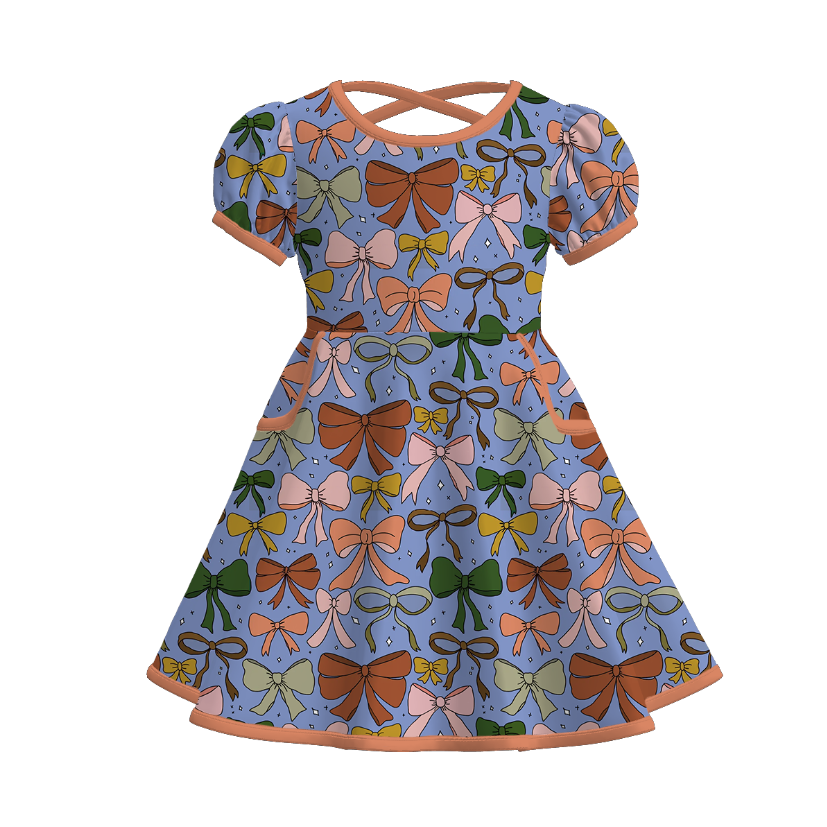 Girls Fall Autumn Blue Bow Print Pocket Short Sleeves Dress