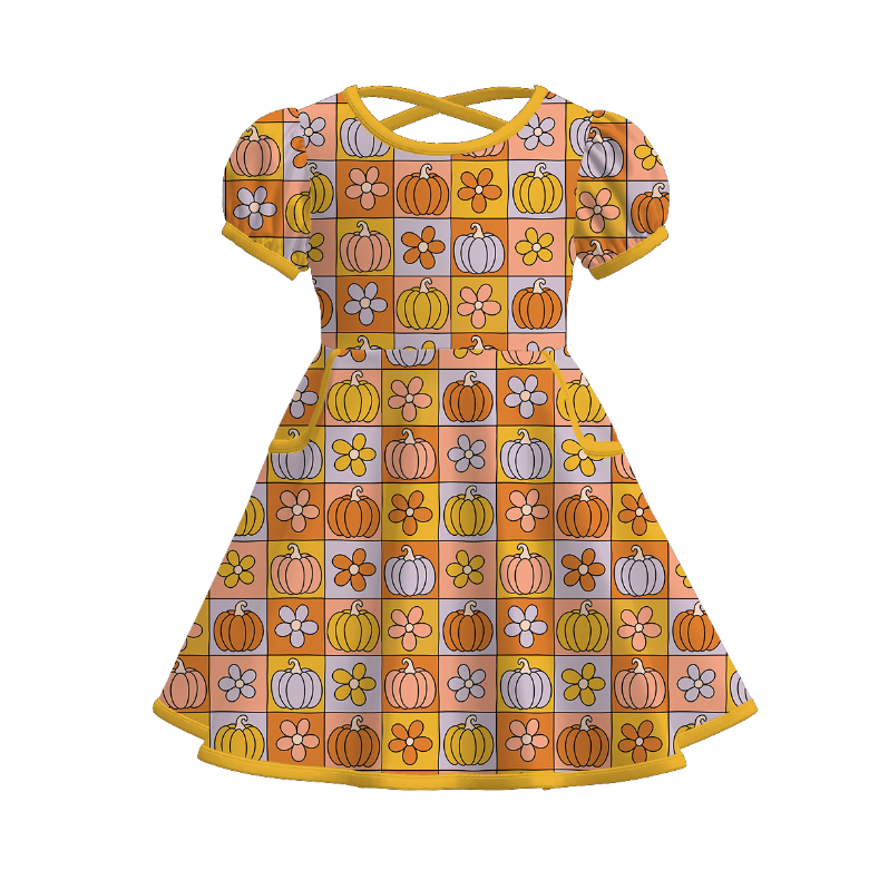Girls Fall Autumn Gold Brown Pumpkin Print Short Sleeves Dress