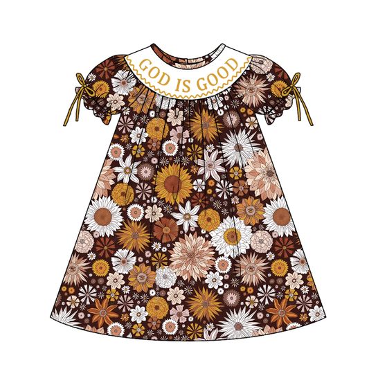 Girls GOD IS GOOD Embroidery Smock Fall Floral Print Dress & Bubble