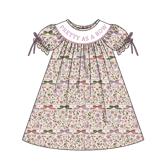 Girls Fall Autumn Embroidery Smocked Bow Floral Dress & Bubble