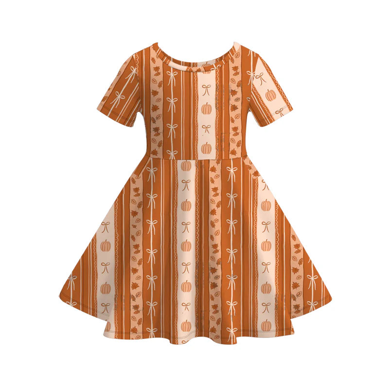 Girls Fall Thanksgiving Pumpkin Bow Long Sleeves Twirl Dress