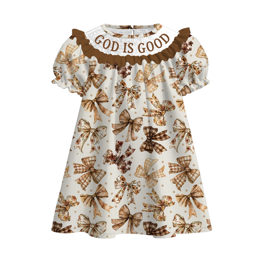 Kids Fall GOD IS GOOD Embroidery Brown Bow Plaid Sibling Clothes