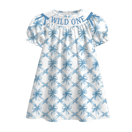 Kids Summer Fall WILD ONE Embroidery Blue Bow Stripes Sibling Clothes