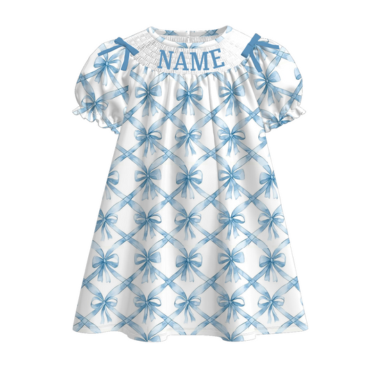 Kids Summer Custom Name Embroidery Blue Bow Stripes Sibling Clothes