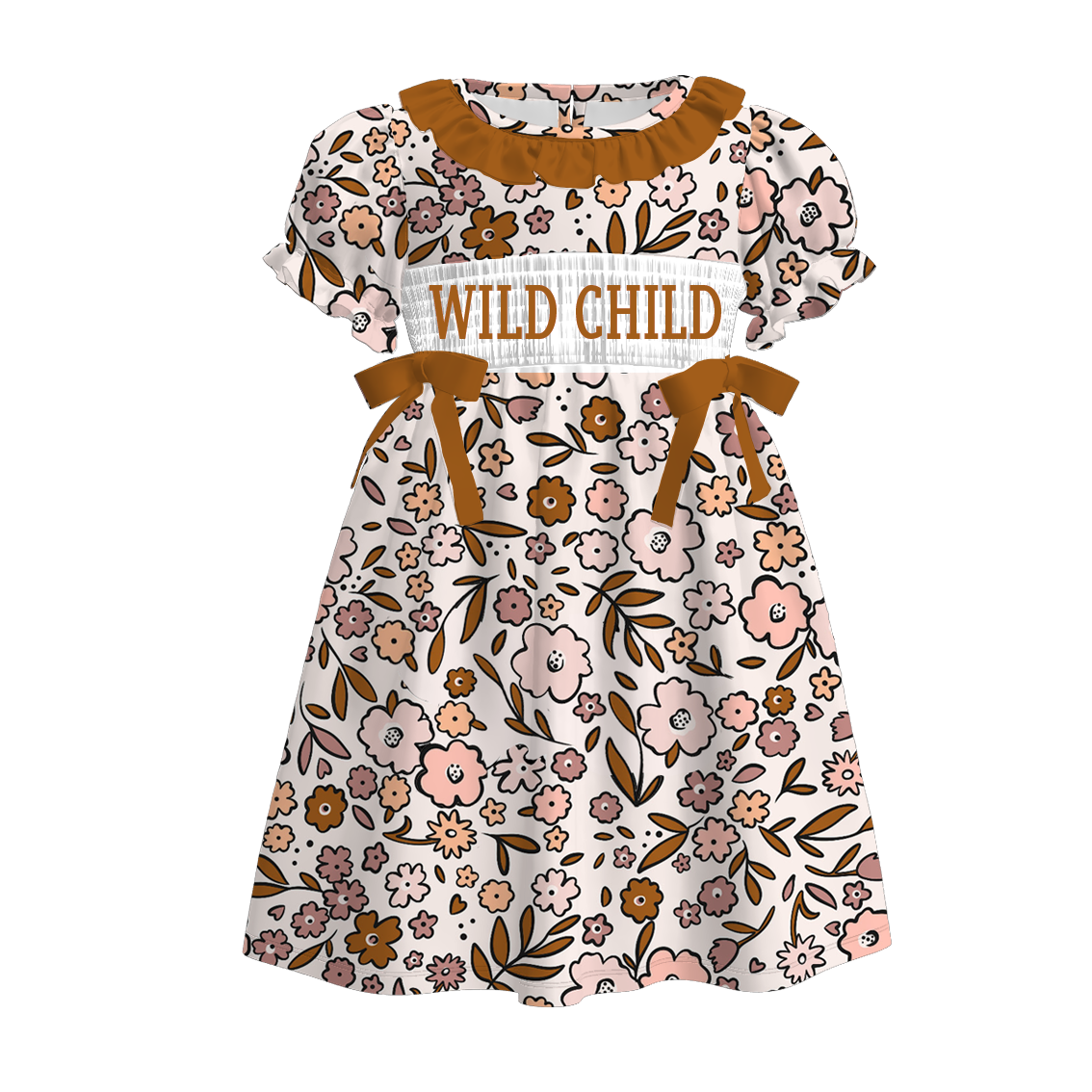 Kids Fall WILD CHILD Embroidery Brown Floral Plaid Sibling Clothes