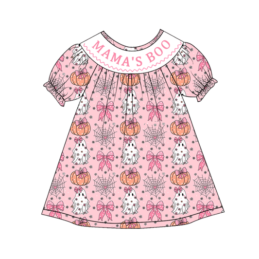Girls Halloween MAMA'S BOO Smocked Embroidery Custom Name Dress & Baby Set