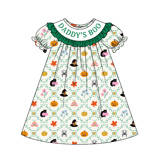 Kids Halloween DADDY'S BOO Embroidery Green Pumpkin Sibling Clothes