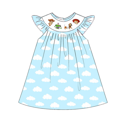 Kids Blue Cloud Cartoon Embroidery Smocked Sibling Clothes Collection