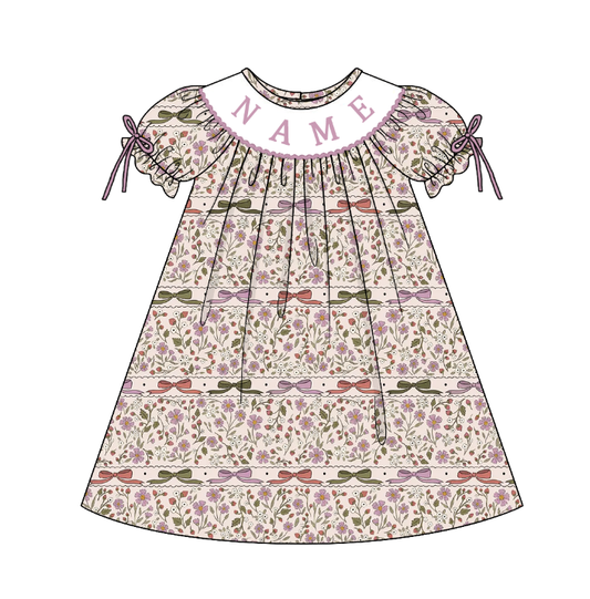 Girls Custom Name Embroidery Smock Pink Floral Fall Dress & Bubble