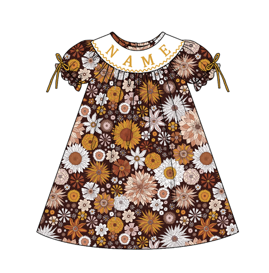 Girls Custom Name Embroidery Smock Fall Floral Print Dress & Bubble