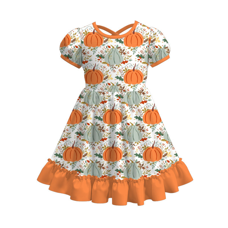Girls Fall Halloween Butterfly Pumpkin Ghost Print Ruffled Dress