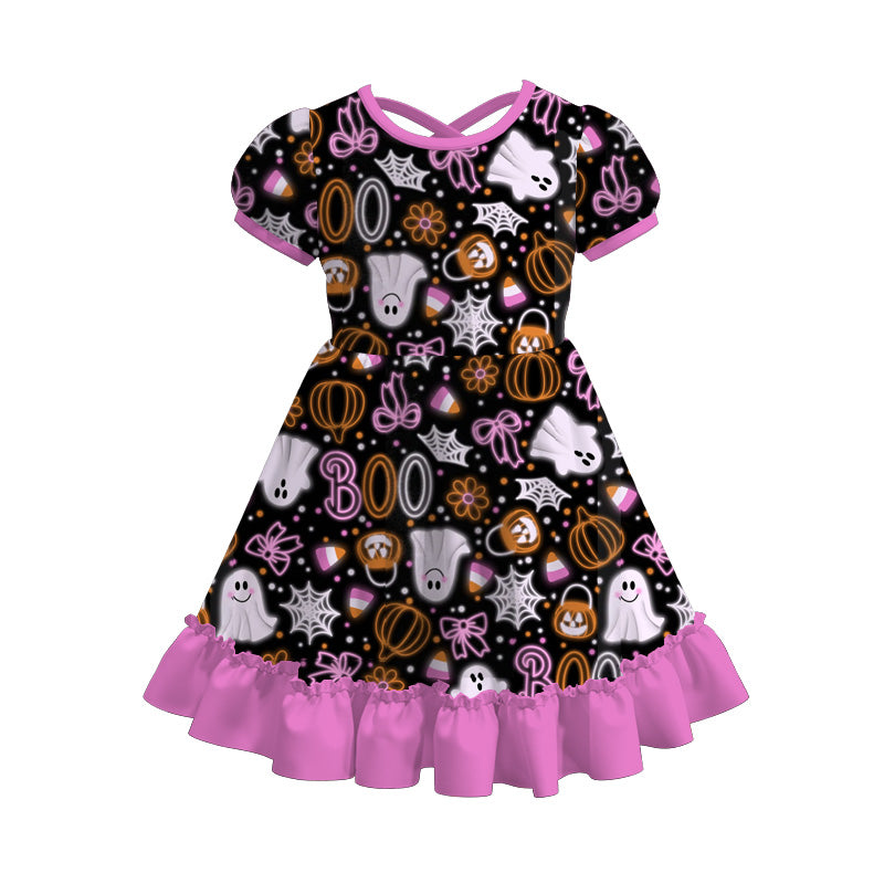Girls Fall Halloween Butterfly Pumpkin Ghost Print Ruffled Dress