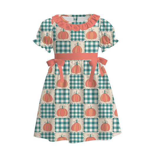 Kids Fall Autumn Green Pumpkin Plaid Dress Romper Top Sibling Clothes
