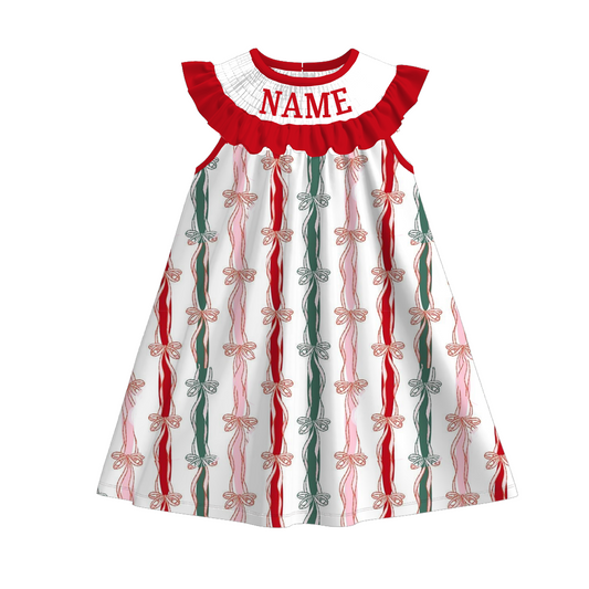 Girls Christmas Red Green Bow Custom Name Dress & Romper