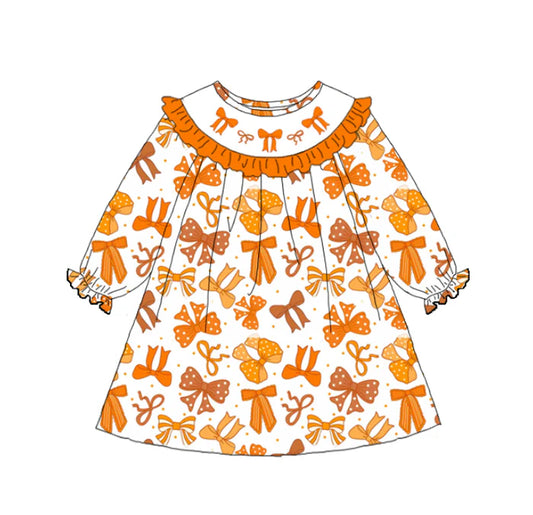 Girls Fall Orange Bow Smock Embroidery Sibling Dress&Romper