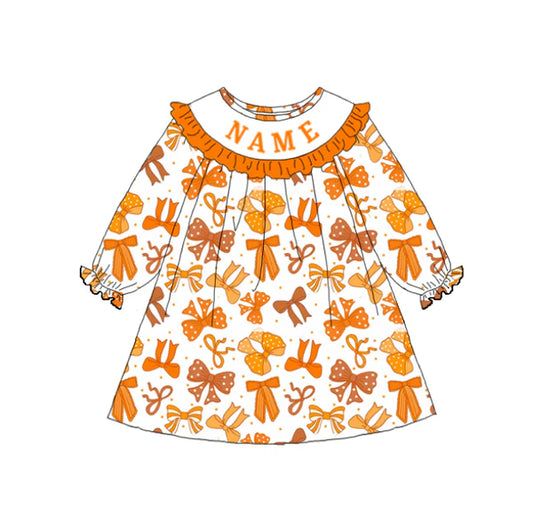 Girls Fall Custom Name Embroidery Smock Bow Print Dress & Bubble
