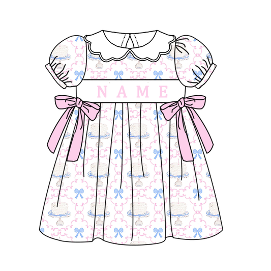 Kids Birthday Custom Name Embroidery Bow Cake Blue Sibling Clothes