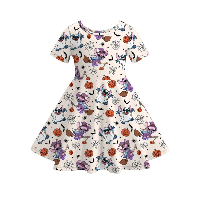 Girls Halloween Cute Cartoon Bat Spider Print Twirl Dress