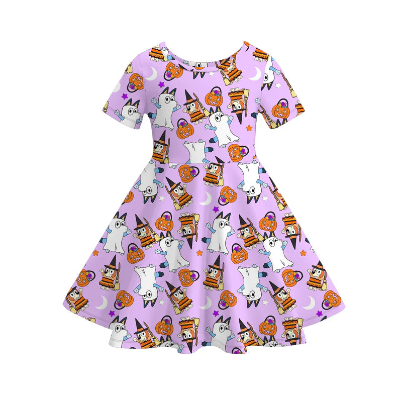 Girls Halloween Purple Pumpkin Ghost Print Twirl Dress
