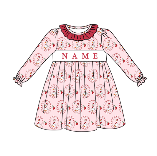 Girls Christmas Goose Smocked Embroidery Custom Name Dress & Baby Set
