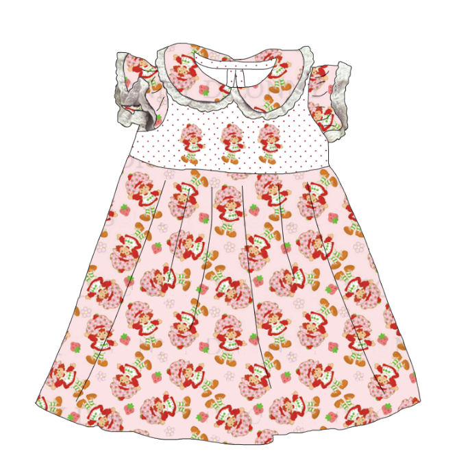Girls Sister Summer Strawberry Pink Lace Embroidery Dress & Bubble