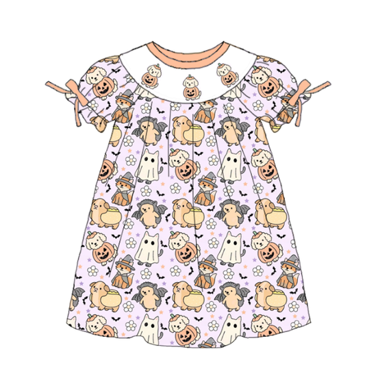 Girls Halloween Pumpkin Smocked Embroidery Custom Name Dress & Baby Set