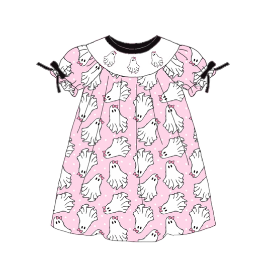 Girls Halloween Ghost Smocked Embroidery Custom Name Dress & Baby Set