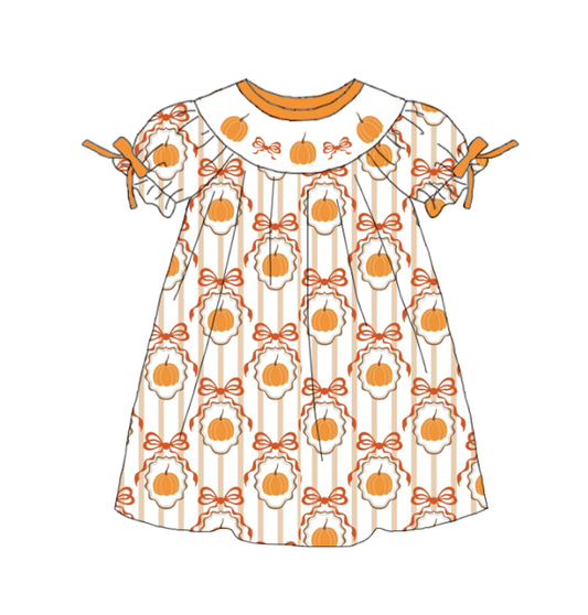Girls Halloween Pumpkin Smocked Embroidery Custom Name Dress & Baby Set
