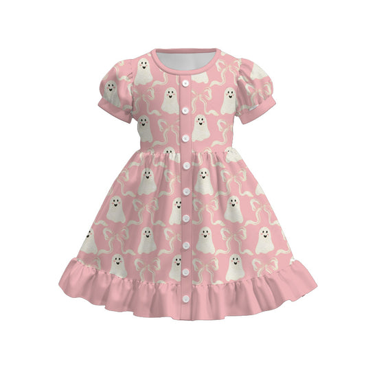 Girls Fall Halloween Ghost Pumpkin Bow Print Short Sleeves Dress