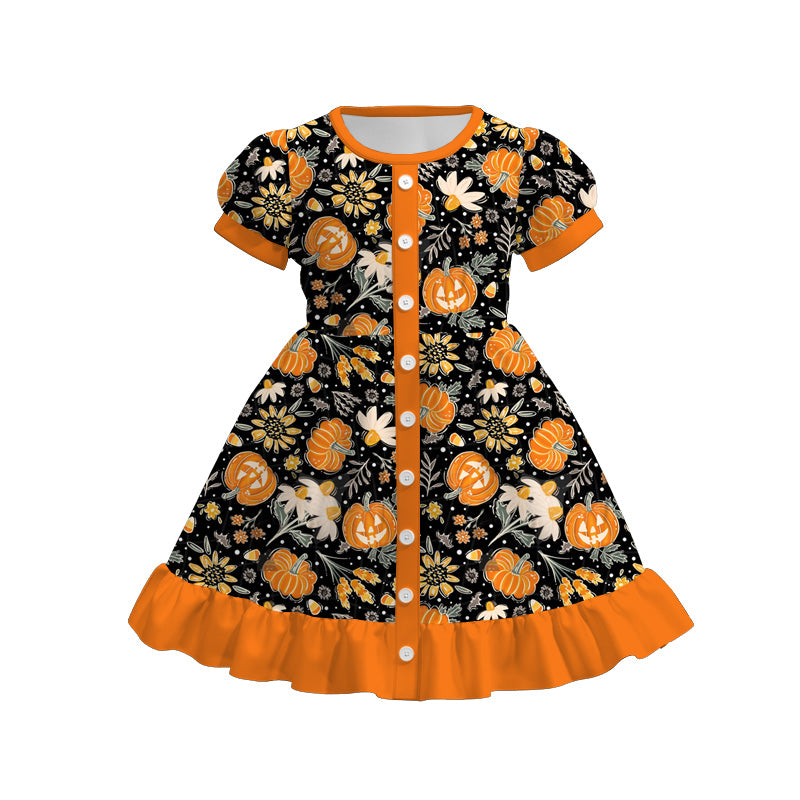 Girls Fall Halloween Ghost Pumpkin Bow Print Short Sleeves Dress