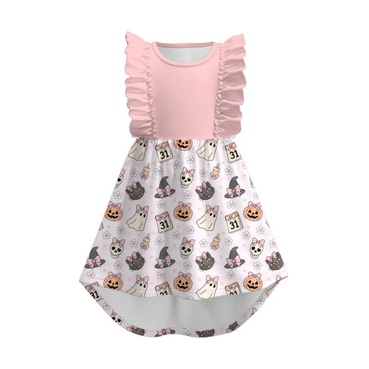 Girls Fall Halloween Pumpkin Ghost Cat Print Ruffles Dress