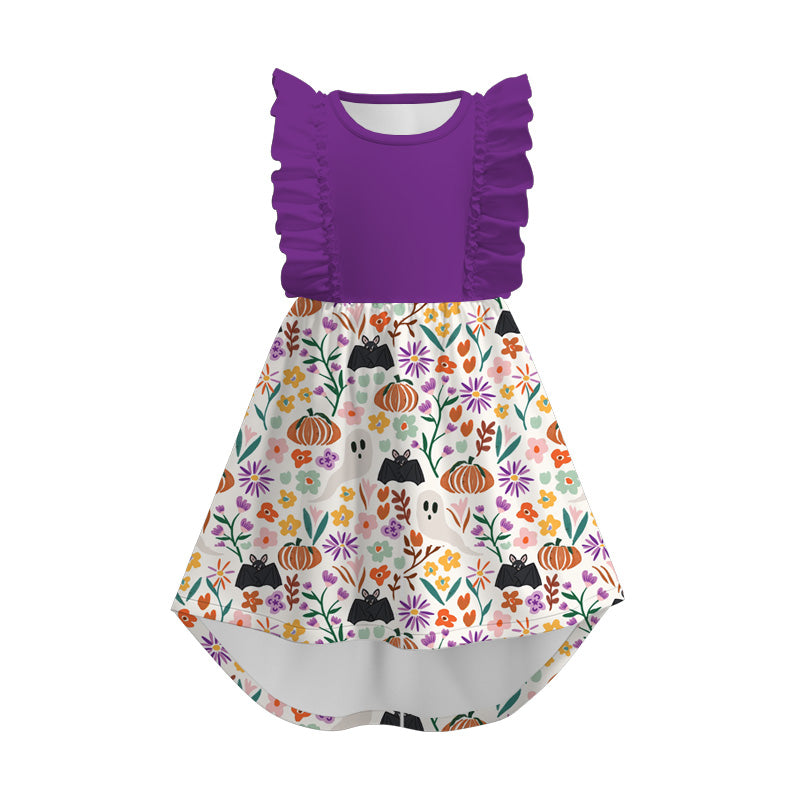 Girls Fall Halloween Pumpkin Ghost Cat Print Ruffles Dress