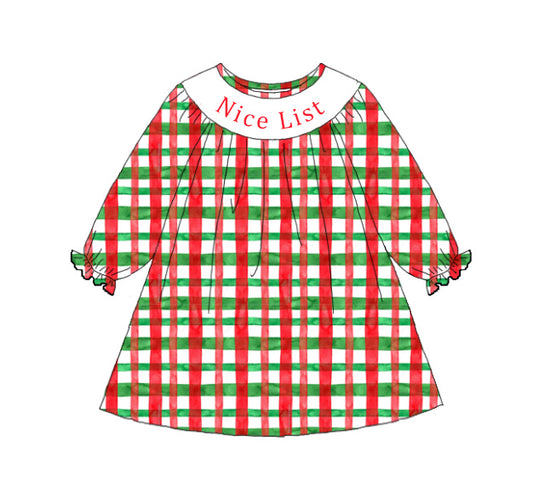 Kids Christmas Red Green Plaid NICE LIST Embroidery Sibling Clothes