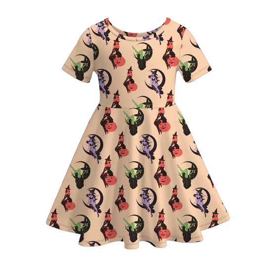 Halloween Girls Fall Pumpkin Witch Print Short Sleeves Twirl Dress
