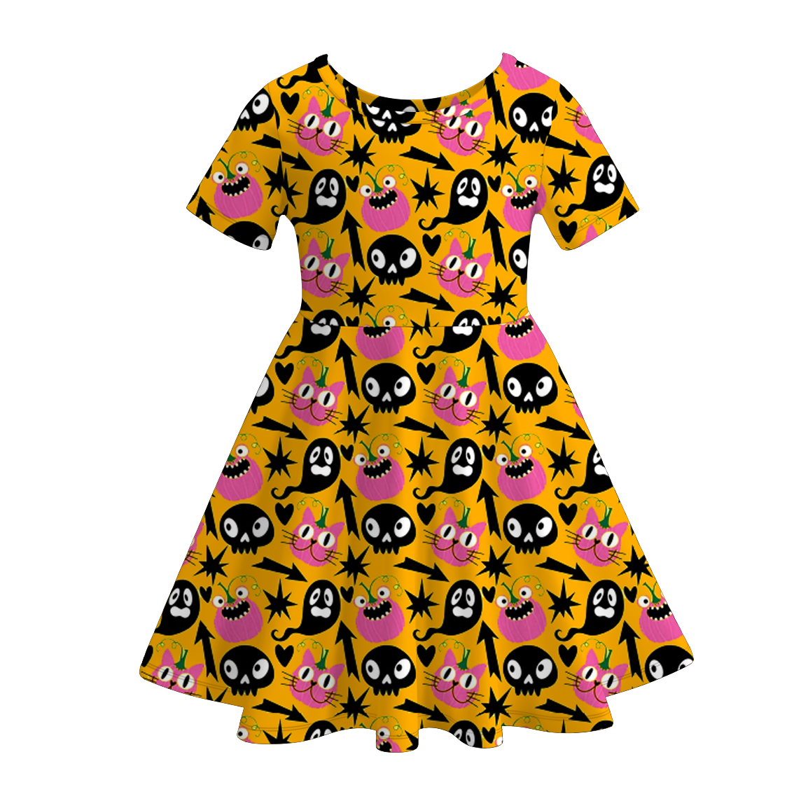 Halloween Girls Fall Pumpkin Witch Print Short Sleeves Twirl Dress