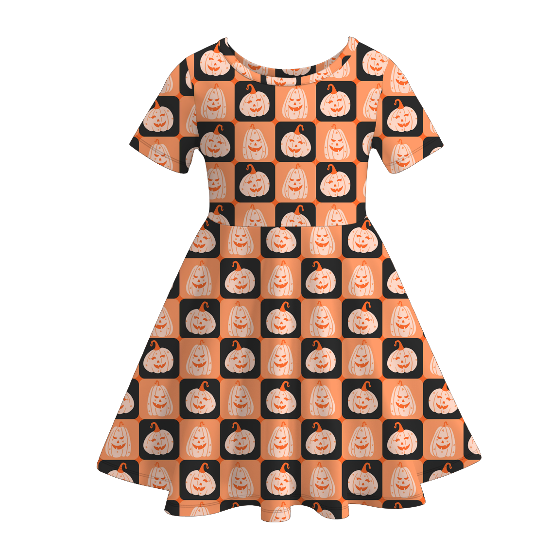 Halloween Girls Fall Pumpkin Witch Print Short Sleeves Twirl Dress