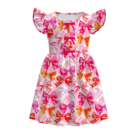 Girls Fall Pink Orange Bow Pumpkin Print Twirl Dress