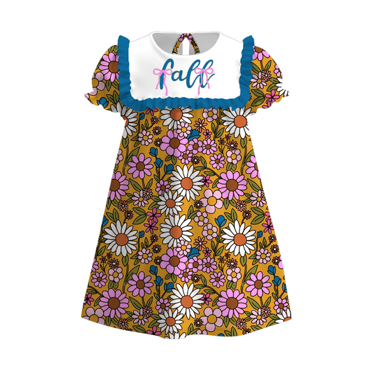 Girls Sister Fall Flower Bule Ruffled Embroibery Sibling Clothes