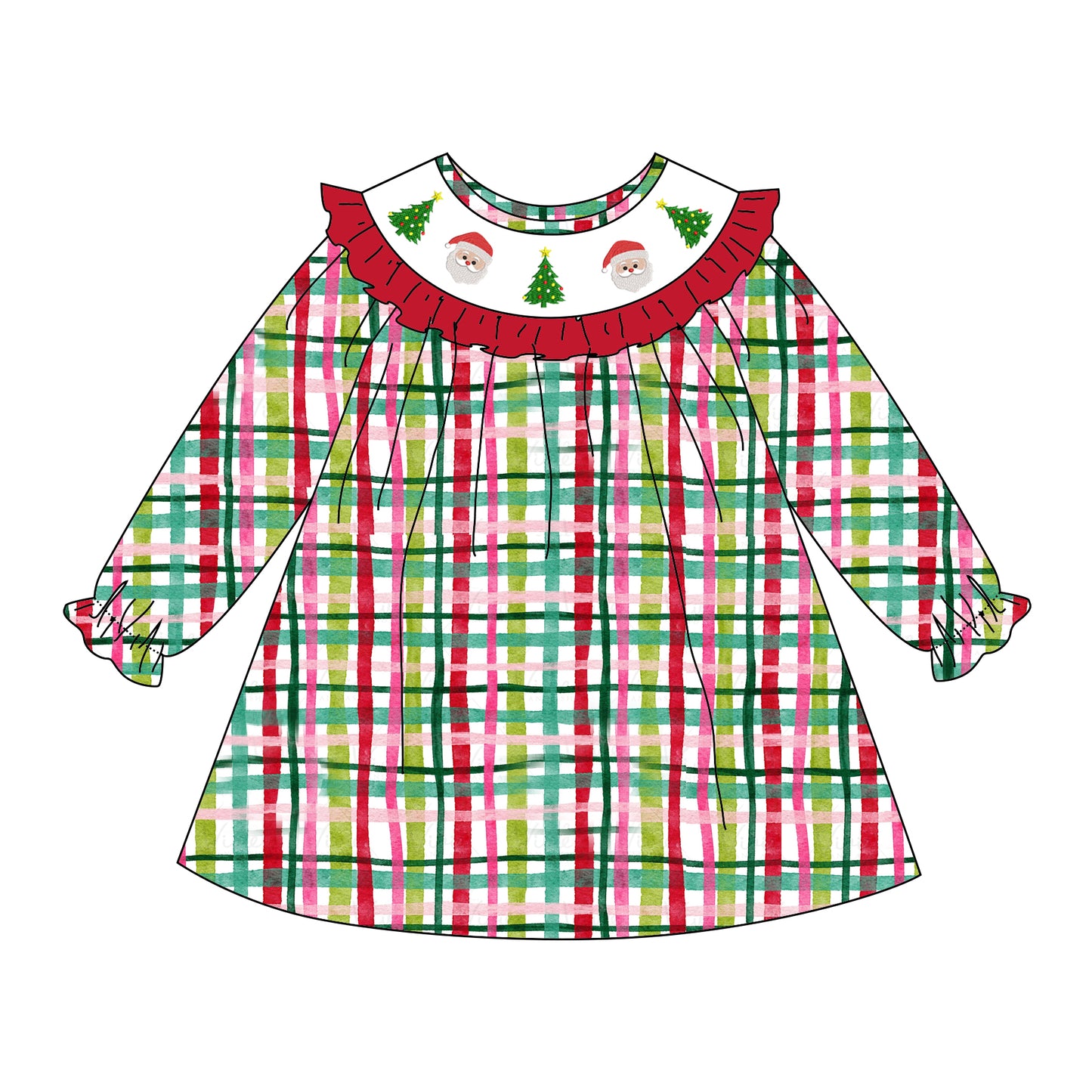 Girls Red Green Plaid Santa Christmas Tree Embroidery Smock Clothes