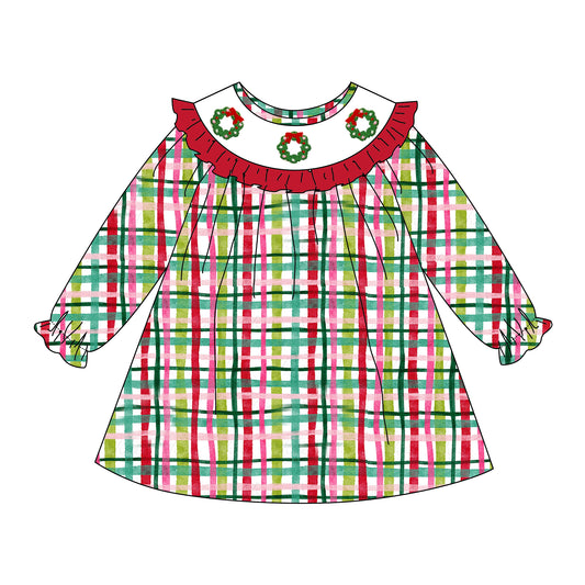 Girls Christmas Red Green Plaid Garland Embroidery Smock Clothes