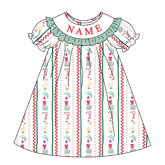 Girls Christmas Custom Name Embroidery Smock Goose Dress & Bubble