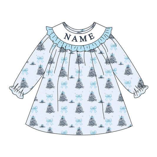 Girls Custom Name Embroidery Smock Christmas Tree Dress & Bubble