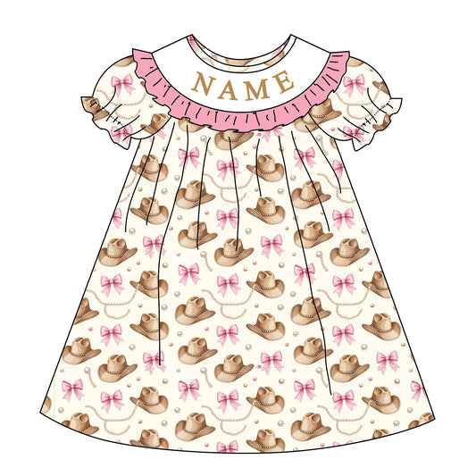 Girls Custom Name Embroidery Smock Cowboy Hat Dress & Bubble