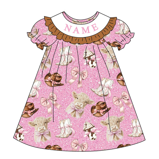 Girls Custom Name Embroidery Smock Western Dress & Bubble
