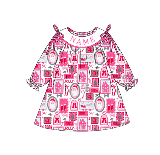 Girls Christmas Custom Name Embroidery Smock Santa Dress & Bubble