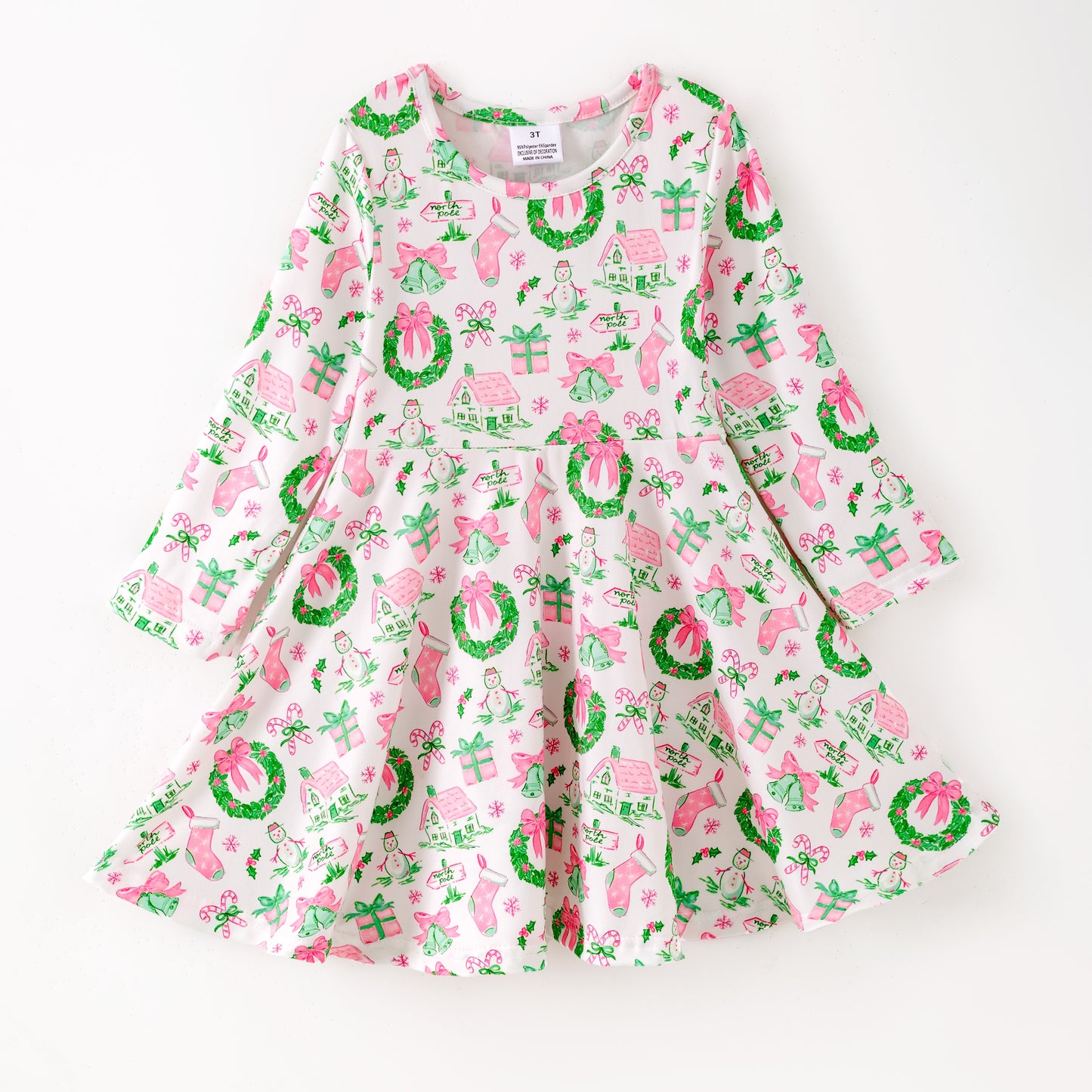 Girls Christmas Pink Snowman Ruffled Long Sleeves Dress