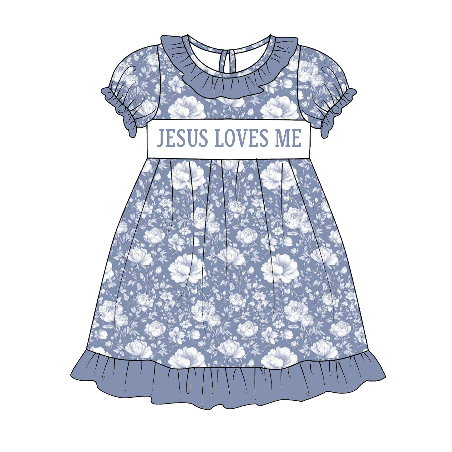 Sibling Kids Fall Blue Floral JESUS LOVES ME Smocked Embroidery Outfits