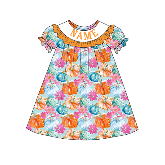 Kids Halloween Custom Name Embroidery Orange Blue Pumpkin Sibling Clothes